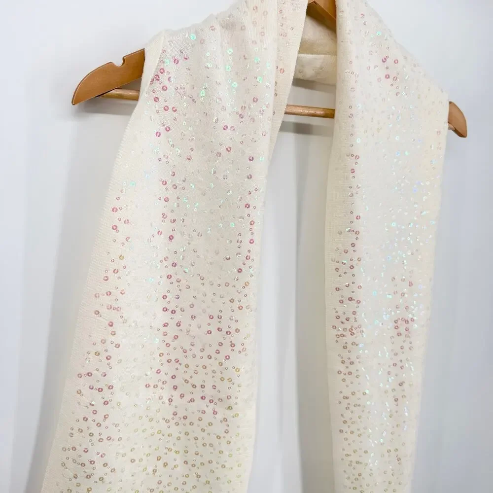 Cream Sequin Knit Scarf Soft Sparkle Ruffle Fringe Winter Wrap Cozy Ivory